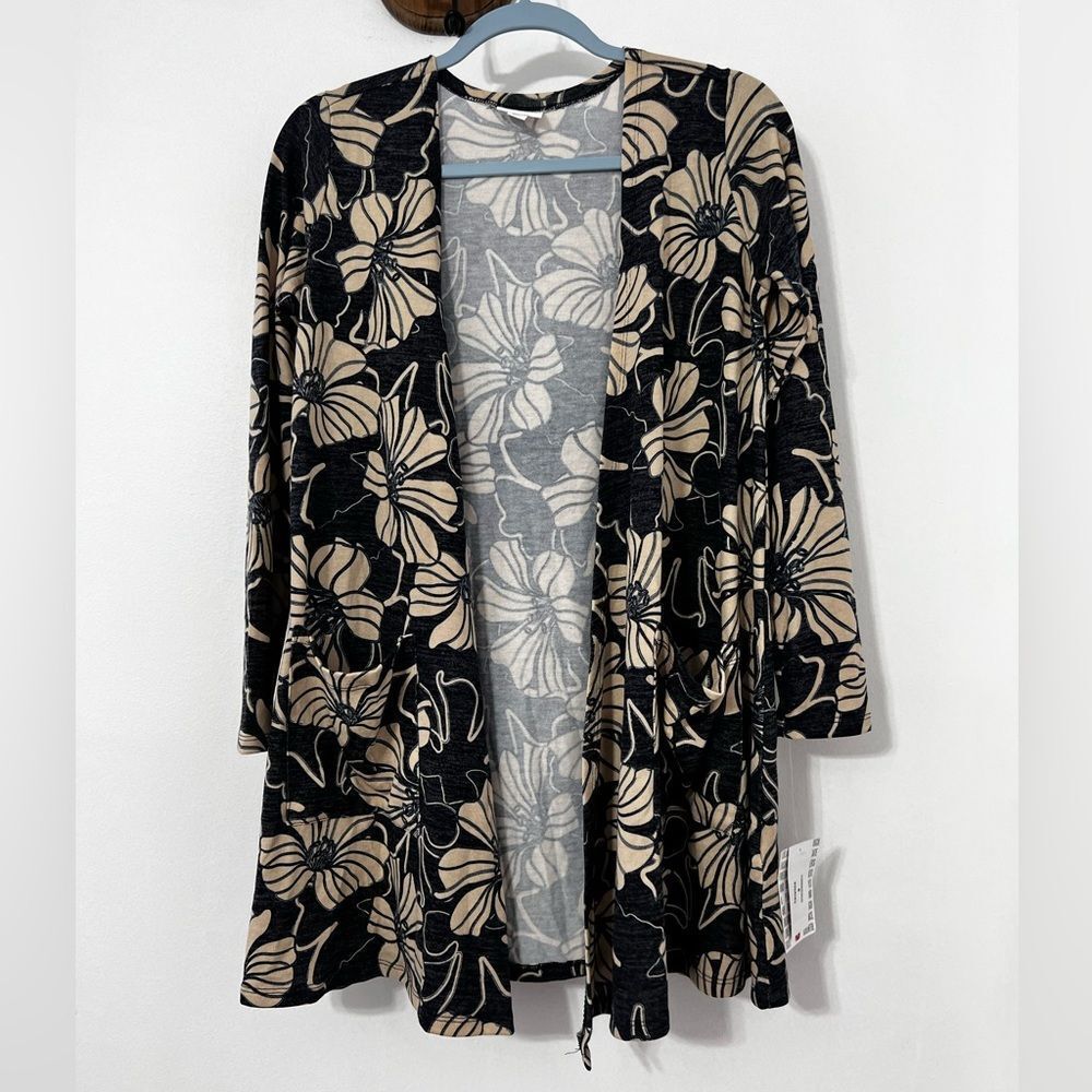 Lularoe Caroline Cardigan Sweater Open Front Floral Pattern Heather Gray Tan NWT
